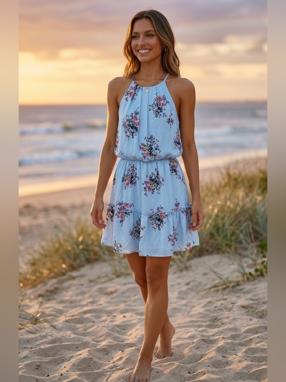 Blue Rain Floral High Neck Dress Size Medium